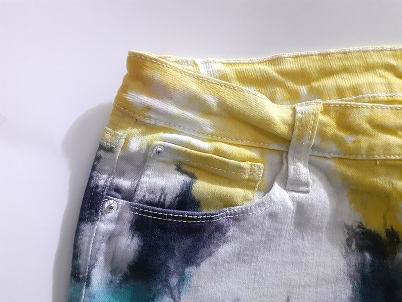 Blue and Yellow Shorts Summer Shorts Festival Hipster Boho Colorful Shorts 3132 Tie Dye High Waist Distressed Ripped Denim Jean Shorts