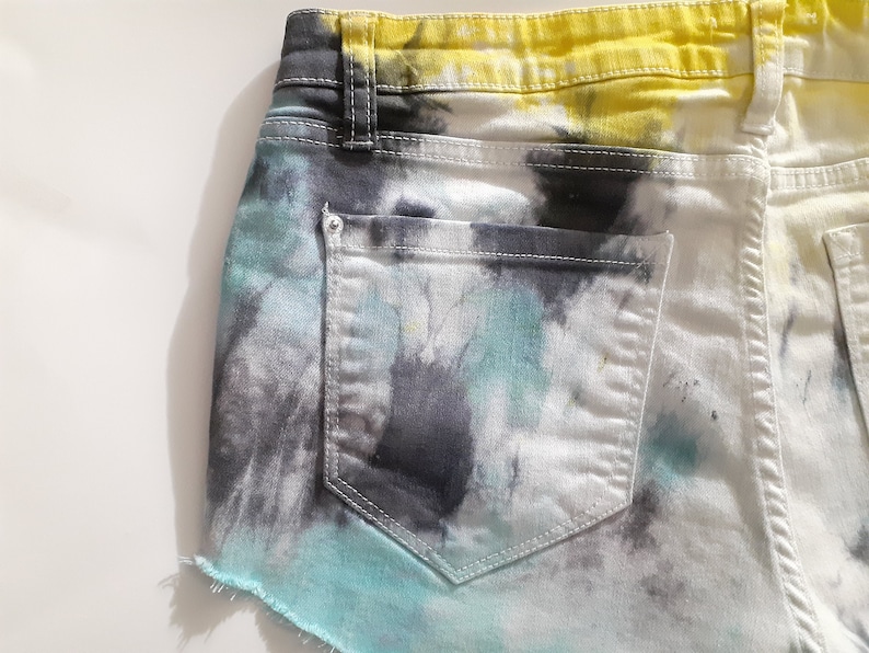 Blue and Yellow Shorts Summer Shorts Festival Hipster Boho Colorful Shorts 3132 Tie Dye High Waist Distressed Ripped Denim Jean Shorts