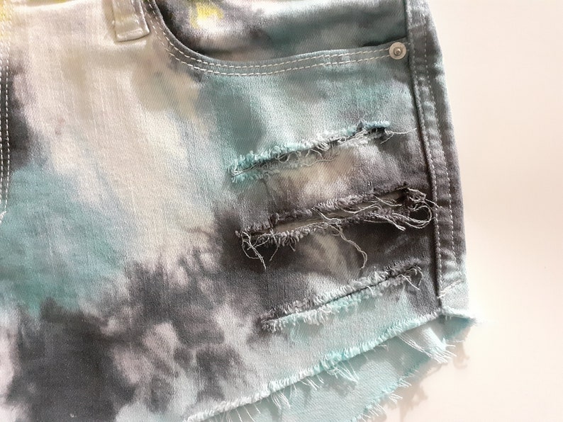 Blue and Yellow Shorts Summer Shorts Festival Hipster Boho Colorful Shorts 3132 Tie Dye High Waist Distressed Ripped Denim Jean Shorts