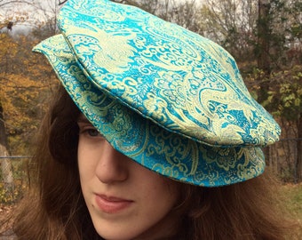 Golden Paisley Teal Renaissance Hat Tudor Flat Cap