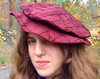 Lustrous Burgundy Silk Beaded Renaissance Tudor Flat Cap