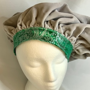 Silver Velvet Renaissance Muffin Hat with Green Trim, SMALL