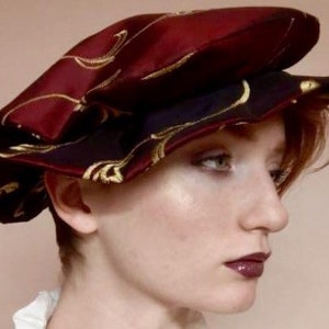 Golden Vine Burgundy Satin Renassaince Tudor Flat Cap