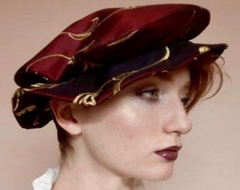 Golden Vine Burgundy Satin Renassaince Tudor Flat Cap