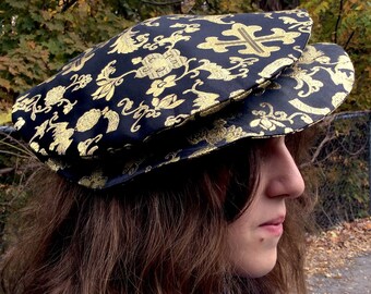 Black & Gold Renaissance Hat Tudor Flat Cap