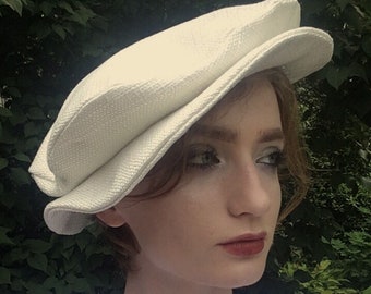 Creamy White Linen Weave Renaissance Hat Tudor Flat Cap
