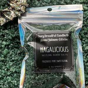 以下が含まれることがあります： 緑色の粒状ルームソルトが入った透明な再封可能なプラスチックポーチ。黒いラベルには、Gory Dreadful Candle Co. Autumn/Halloween Collection, HAGALICIOUS SIZZLING ROOM SALTS, PATCHOULI PINE SWEET FLORAL, 6 OZ/170.097 G, GORYDREADFUL.COM-MADE IN TEXAS と記載されています。
