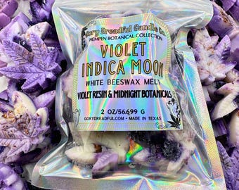 Pastillas de cera de abeja con aroma a Violet Indica Moon, resina de violeta y extractos botánicos Midnight.