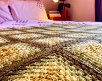 Handmade Crochet Blanket/Throw/Afghan in Greens. Retro Style with Contemporary Twist