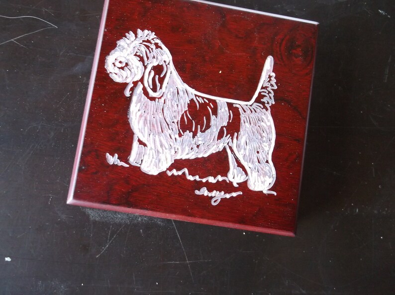 Beautifully hand engraved Wood Box by Ingrid Jonsson. Petit Basset Griffon Vendeen