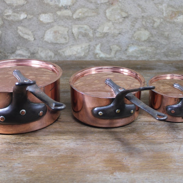 6pc set lot Antique French copper cookware pots pans lids tin lined