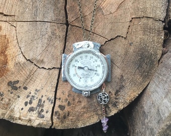 Vintage Meter Pendant Gauge with Filigree Button and Amethyst and Garnet Colored Drop