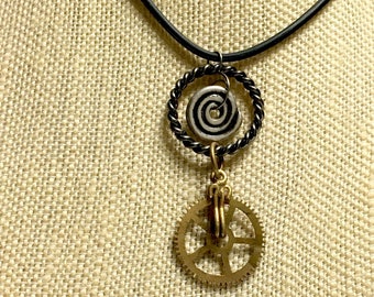 Brass Gear and Silver and Black Concentric Rings 16" Necklace