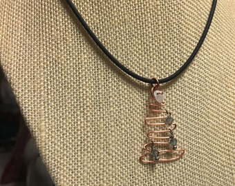 Christmas Tree Necklace with Bead Ornaments Copper Wire Up-Cycled