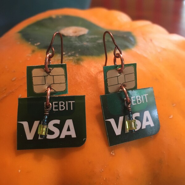 Upcycled Green and Gold Visa Card Earrings
