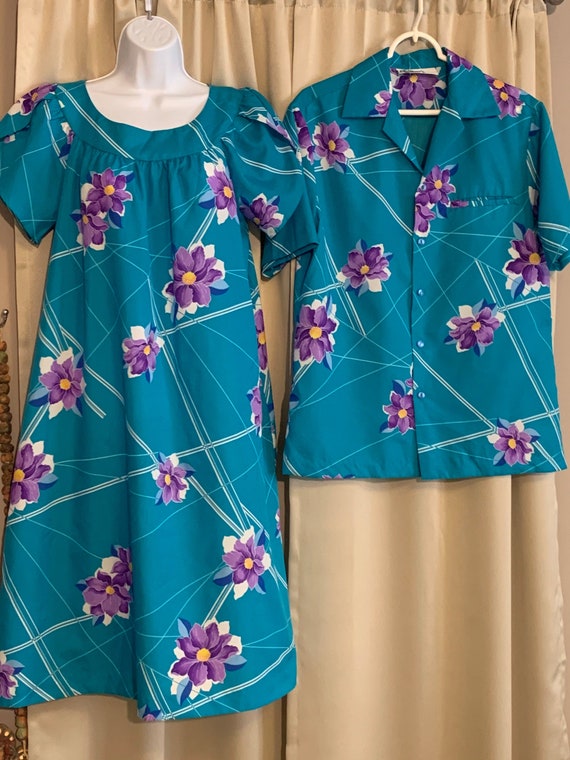 Vintage matching Hawaiian dress and mens top by. H