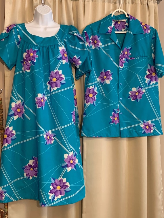 Vintage matching Hawaiian dress and mens top by. Hilo… Gem