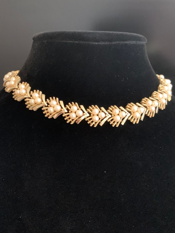 Gorgeous vintage gold and faux pearl choker by. T… - image 1