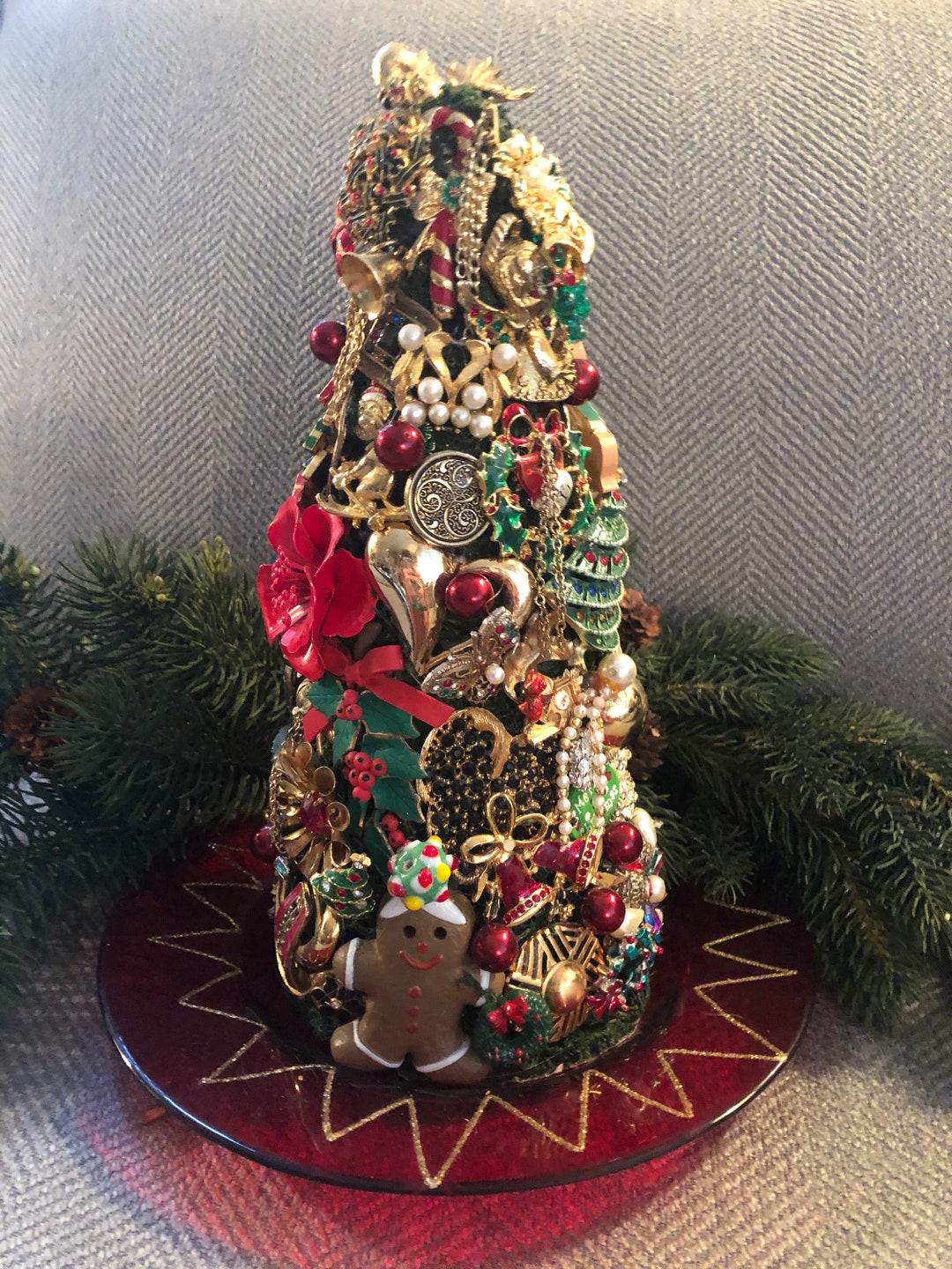 3 D Christmas tree from vintage jewelry on a styrofoam form