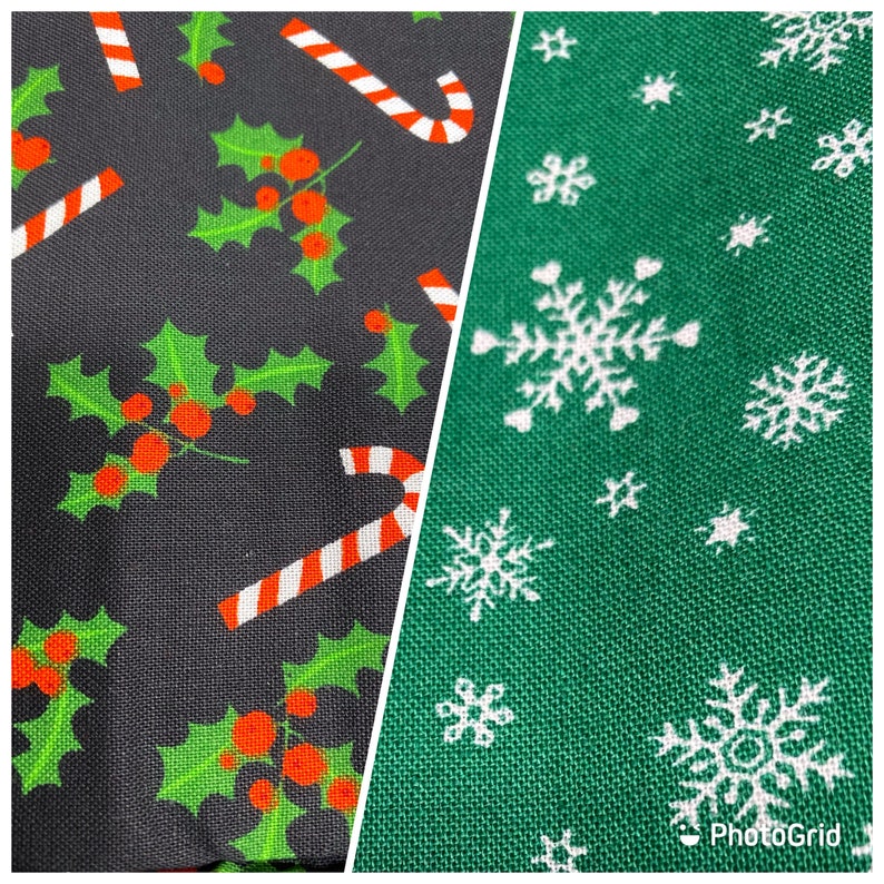 May include: Two fabric swatches with Christmas patterns. The first swatch is black with red and green holly leaves and candy canes. The second swatch is green with white snowflakes.j