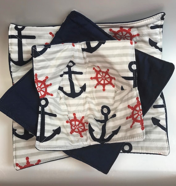 Anchor Print Bowl Cozy Set - Reversible Microwave Pot Holders