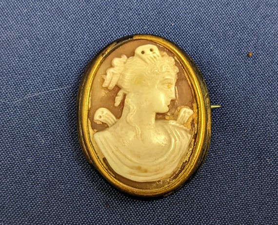 Antique CAMEO PIN Brooch ~ Brass Setting ~ Hand C… - image 1