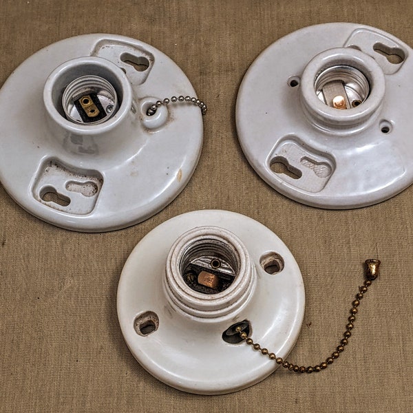 Lot/3 White PORCELAIN LIGHT SOCKETS ~ Utilitarian Fixtures ~ Leviton, Eaton, Eagle ~ 2 w/Pull Chains