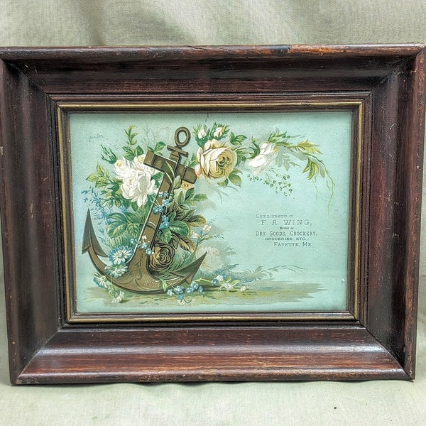 Antique Deep Walnut Frame 9" x 11" with 5 1/2" x 7 1/2" Trade Card Advertising FA Wing Groceries Fayette, Maine ~ 1800s