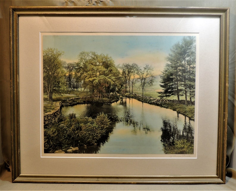 Wallace Nutting A BARRE BROOK ~ 12 x 15 Process Print #3497 in Original 21 x 17.5 Frame ~ Signed /& Titled ~ c1930s
