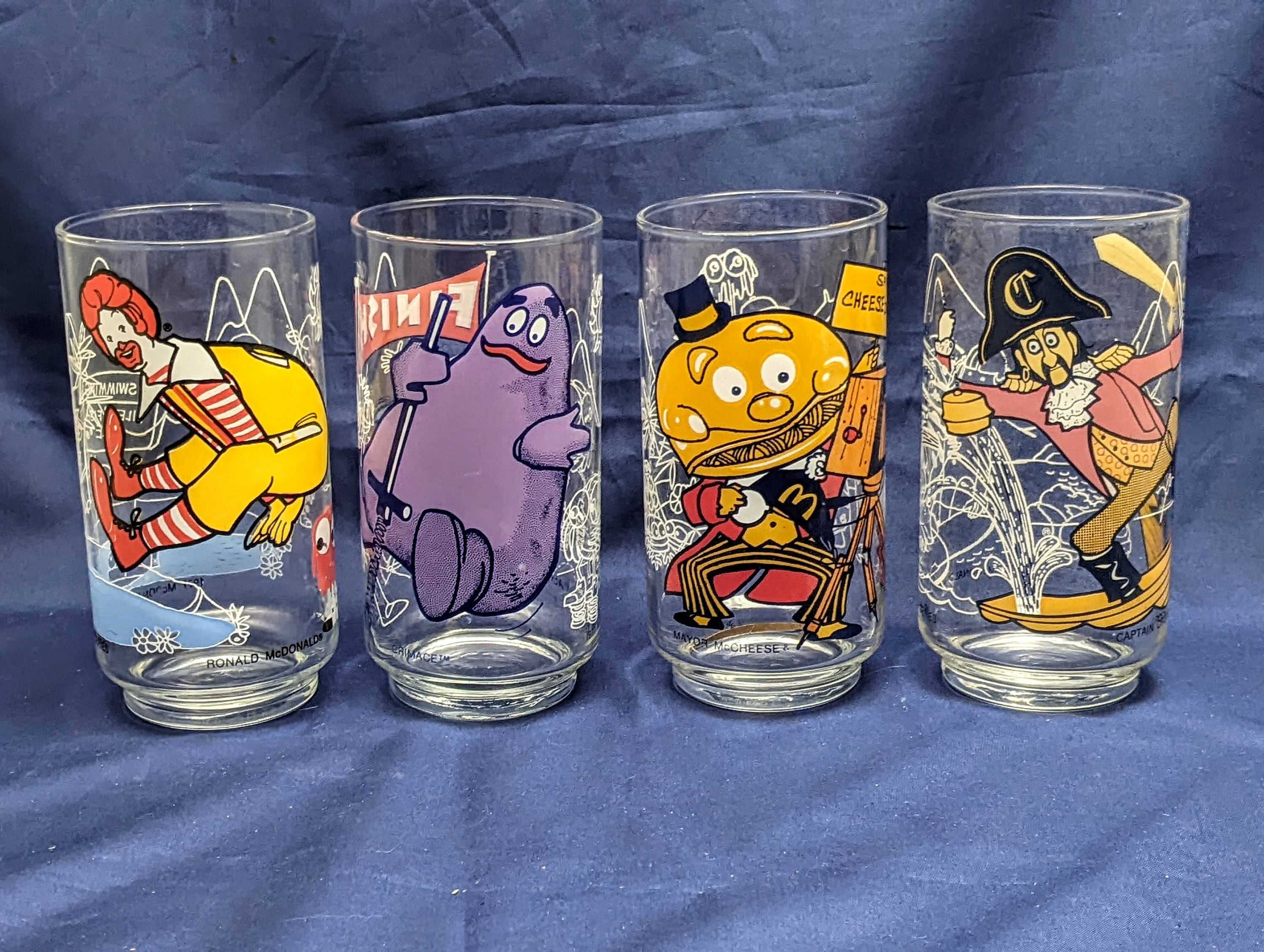 Set/4 Mcdonalds GLASSES ~ 1977 Mcdonaldland Action Series ~ Ronald