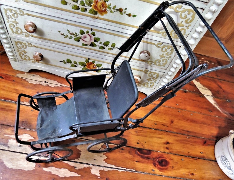 Antique DOLL Buggy STROLLER C 1900 Folds up Black Metal Etsy