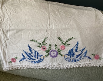 Beautifully Embroidered Cotton Standard Size Pillow Case With Blue Birds and Flowers