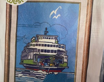 Vintage Ferry Boat Needlepoint Kit - "QUEEN OF the WATERS" - by Northwest Needle Arts - New Old Stock-1980 - For 12" x 12" Frame or Pillow