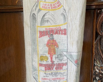 Rare Vintage Mid Century Modern Linen Burroughs' Beefeater Distilled London Dry Gin Bar Towel, Dish Towel, Kitchen Towel, Tea Towel