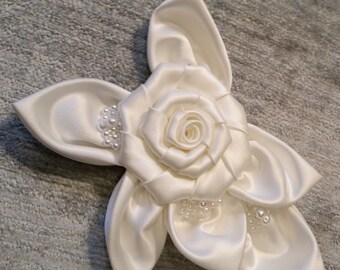Gorgeous Off White Satin Bridal Rosette Applique - With Seed Pearls
