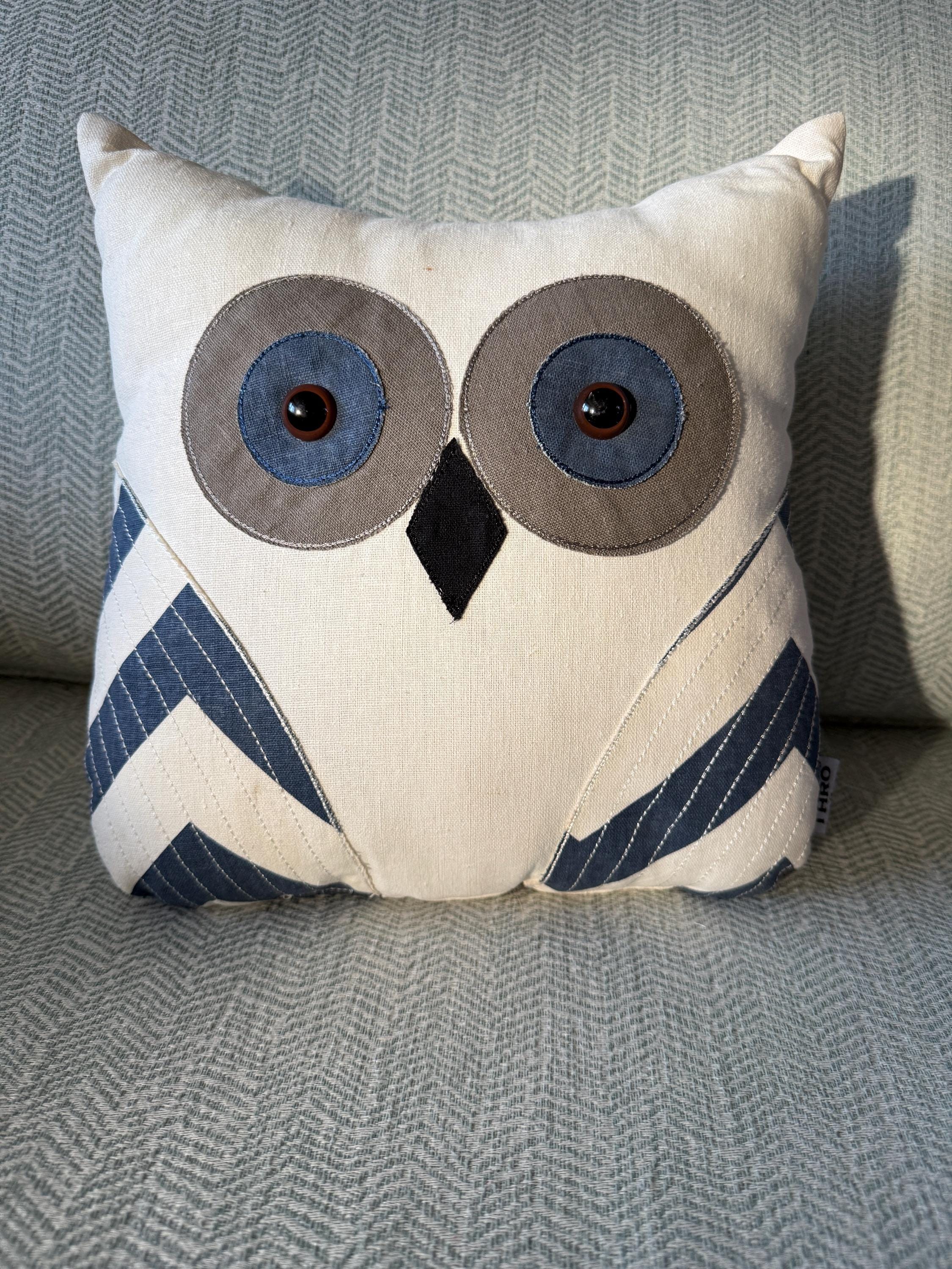 Vintage Owl Pillow in Denim Blue, Gray & Cream - By Thro - Marlo Lorenz