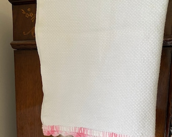 Vintage Linen Huck Towel With Pretty Pink Crocheted Edging