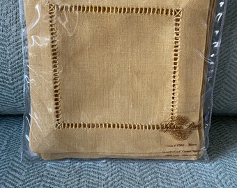 Sferra Bros Hemstitched Gold Linen Cocktail Napkins - Set of 6 - New Old Stock