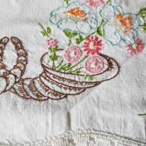 Beautifully Embroidered Cornucopia with Flowers Standard Size Vintage Pillow Case 100% Cotton image 3