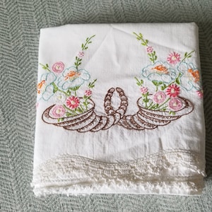 Beautifully Embroidered Cornucopia with Flowers Standard Size Vintage Pillow Case 100% Cotton image 1