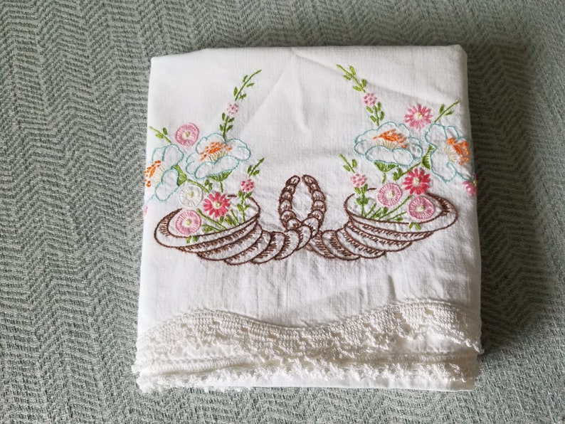 Beautifully Embroidered Cornucopia with Flowers Standard Size Vintage Pillow Case 100% Cotton image 1