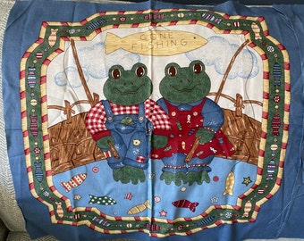 Gone Fishing Themed Fabric Panels - Set of Two - Frogs, Fish - For Pillows, Quilting, Wall hangings, Bags, Etc.