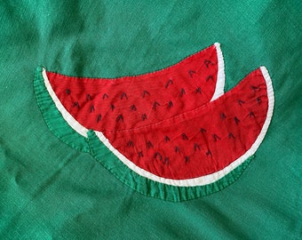 Large Green Tablecloth With Hand Appliquéd Watermelons With Embroidered Seeds; and Crocheted Trim from the 1940's or 50's  - 53" x 53"