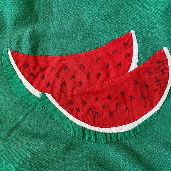 Large Green Tablecloth With Hand Appliquéd Watermelons With Embroidered Seeds; and Crocheted Trim from the 1940's or 50's  - 53" x 53"