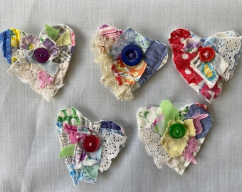 Set of 5 Tiny Vintage Cutter Quilt Heart Embellished Appliqués for Junk Journals, Card Making, Etc.