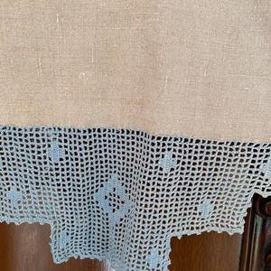Beautiful Antique Ecru Linen Dresser Scarf, Table Runner With Blue Crocheted Lace At Each End - 42.5&quot; x 17&quot;