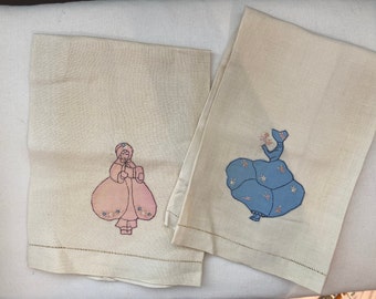 Vintage Appliquéd and Embroidered Ladies Linen Tea Towels - 1930's - 40's - Set of 2