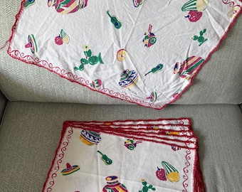1940s/50's Mexican Theme Linen Table Mats - Set of 6 - With One Larger Center Serving Mat.