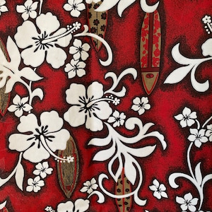 White on Red Hibiscus And Surfboards Hawaiian Print Fat Quarter By Trans Pacific Textiles, Ltd - Design # BQ - 071