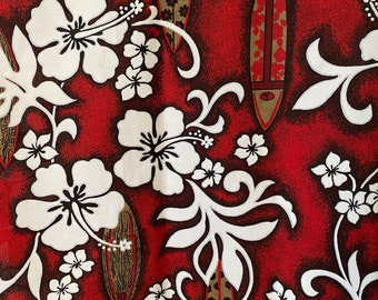 White on Red Hibiscus And Surfboards Hawaiian Fabric By Trans Pacific Textiles, Ltd - Design # BQ - 071